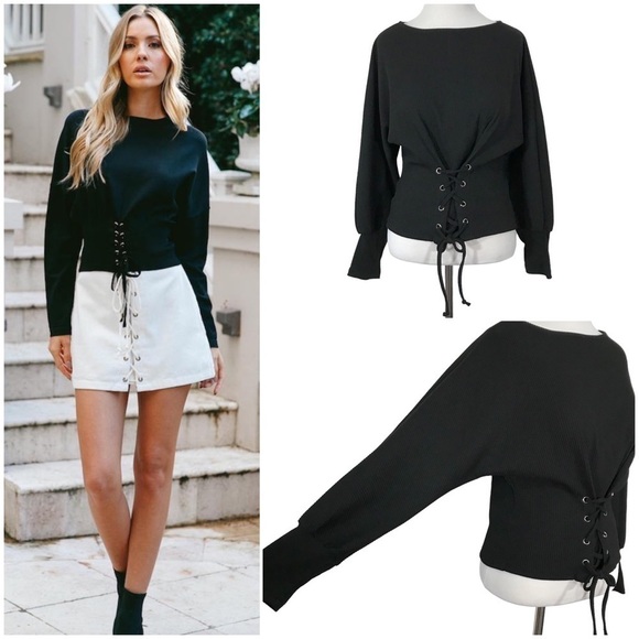 Chocolate Black Corset Sweater Top Ribbed Lace Up Shirt Dolman Sleeve ME… - Picture 1 of 10